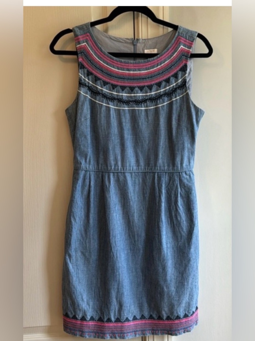 J. Crew Chambray Sleeveless Dress with Pink Embroidery Cottagecore Boho Sz‎ 6
